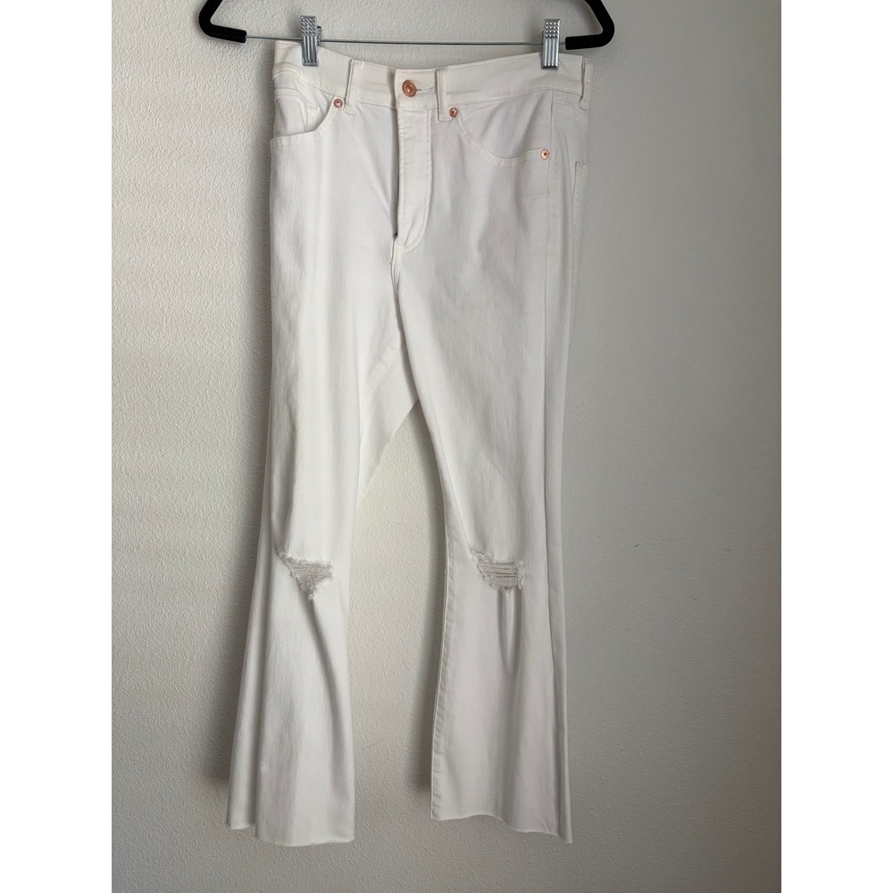 Express‎ Womens White High Rise Cropped Flare Distressed Raw Hem Jeans Size 4